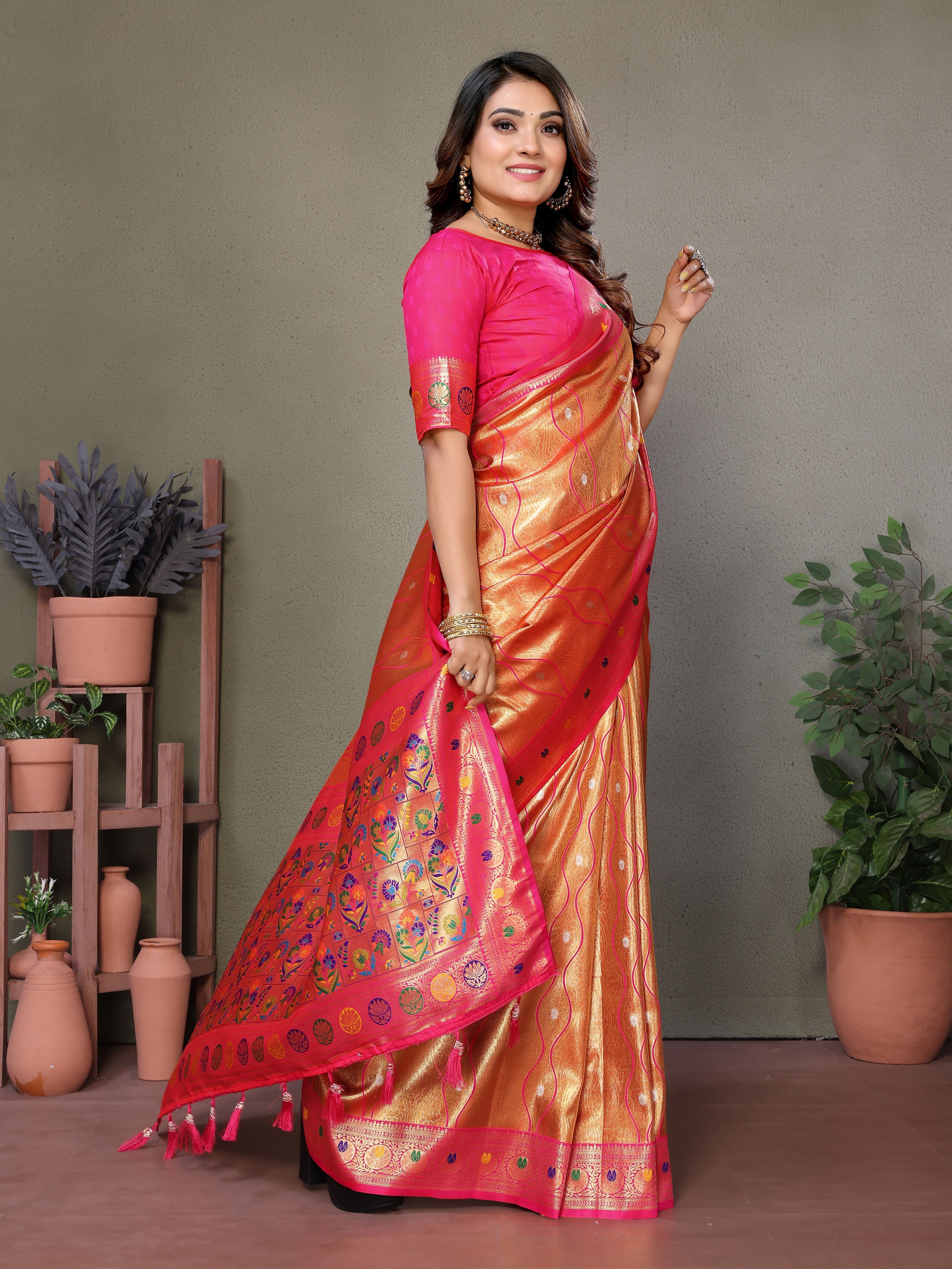 Woven Heavy Designer Banarasi Tissue Silk Orange Ethnic Ceremonial Saree