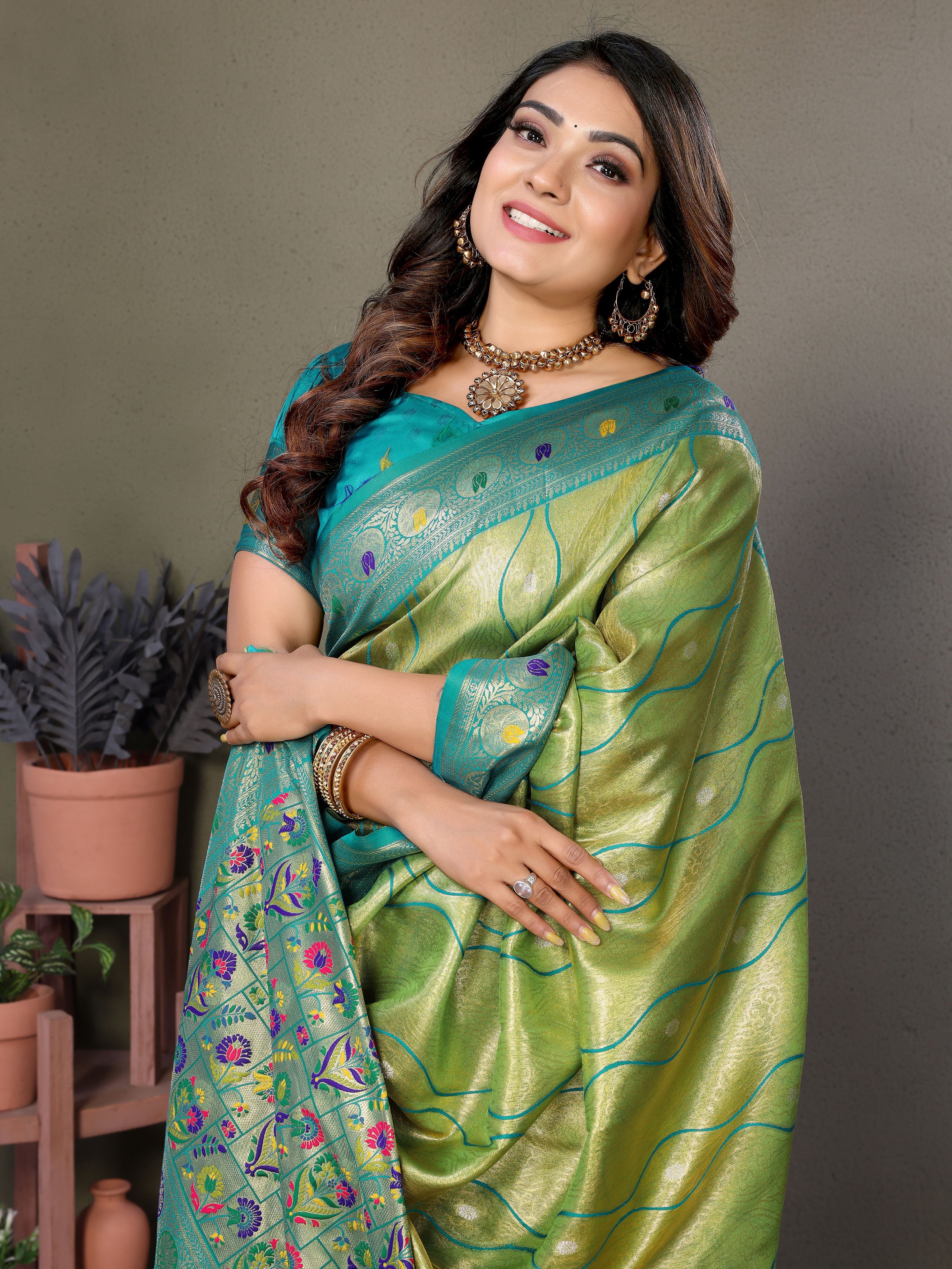 Woven Heavy Designer Banarasi Tissue Silk Pista Ethnic Ceremonial Saree