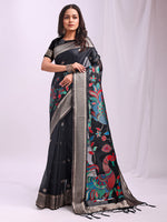 Woven Jacquard Designer Black Linen Cotton Ceremonial Saree