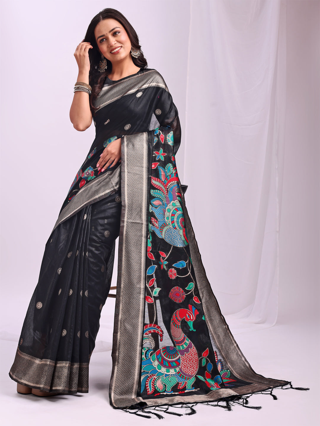 Woven Jacquard Designer Black Linen Cotton Ceremonial Saree