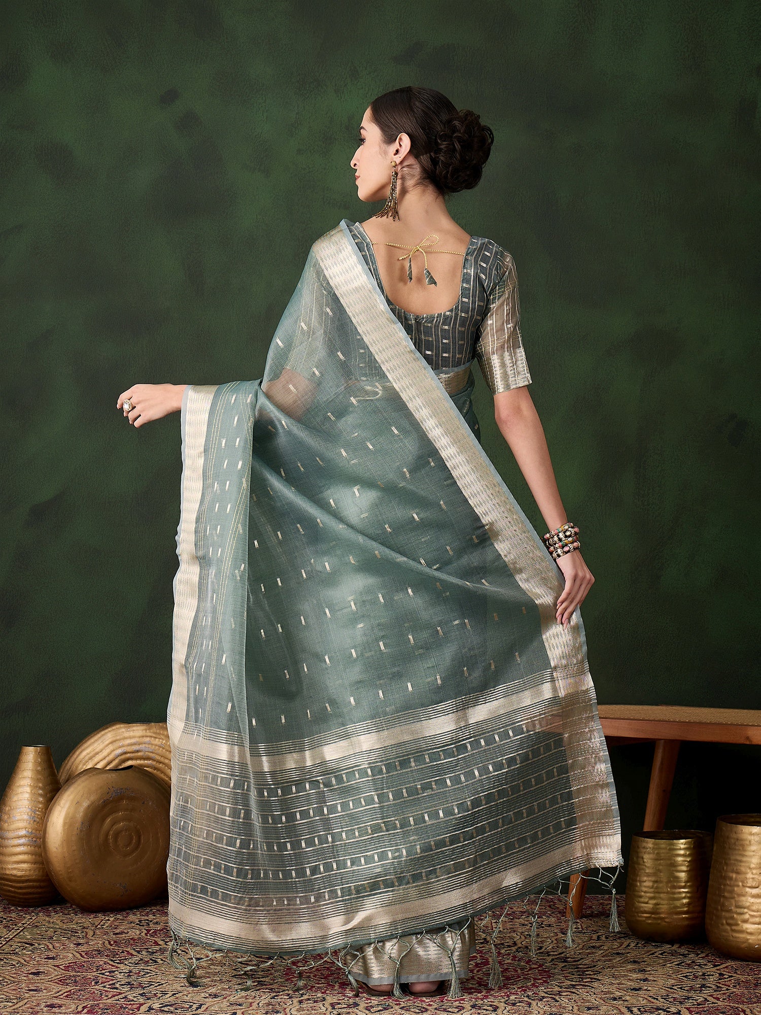 Woven Jacquard Designer Green Khadi Organza Festive Saree