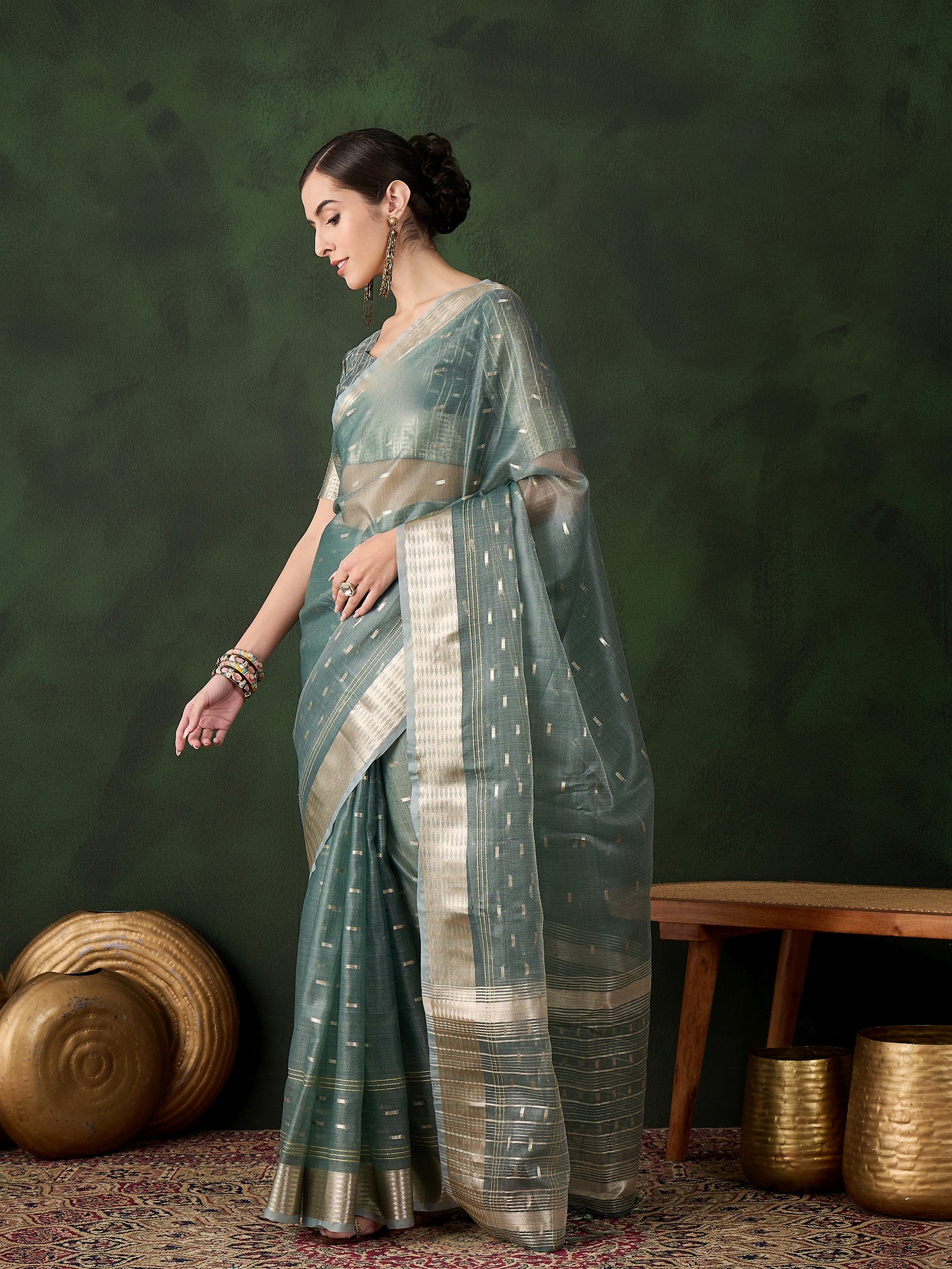 Woven Jacquard Designer Green Khadi Organza Festive Saree