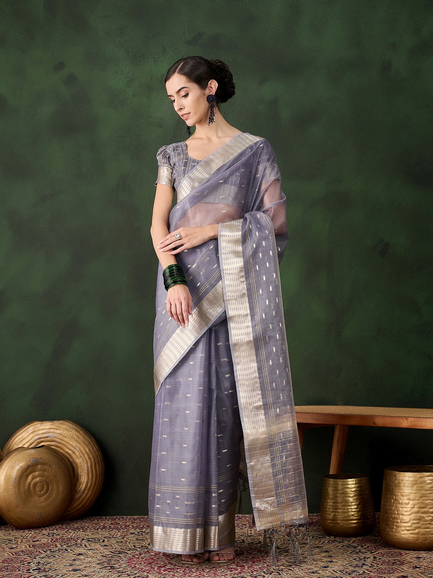 Woven Jacquard Designer Grey Khadi Organza Festive Saree