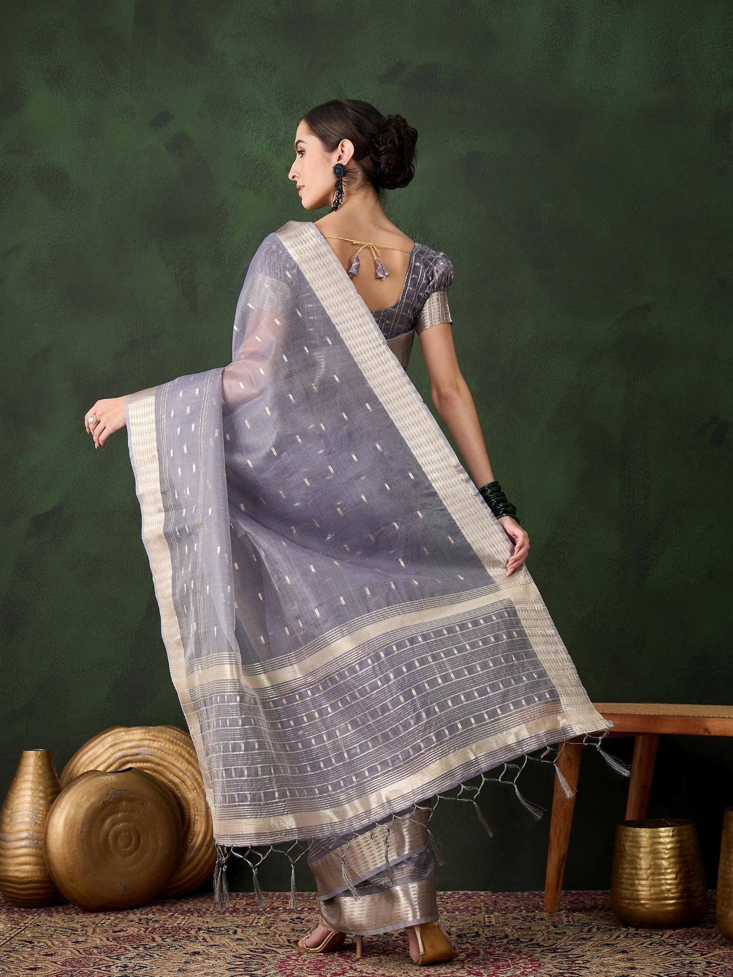Woven Jacquard Designer Grey Khadi Organza Festive Saree