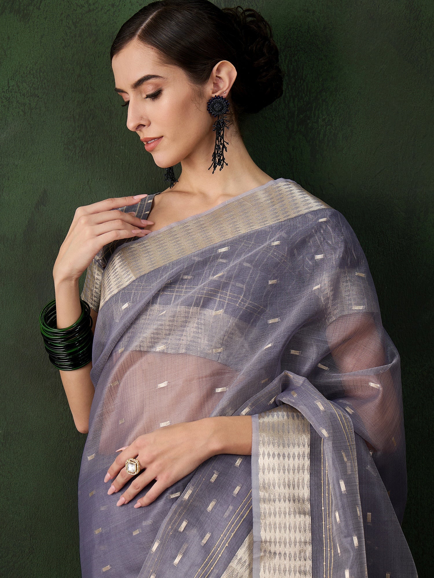 Woven Jacquard Designer Grey Khadi Organza Festive Saree
