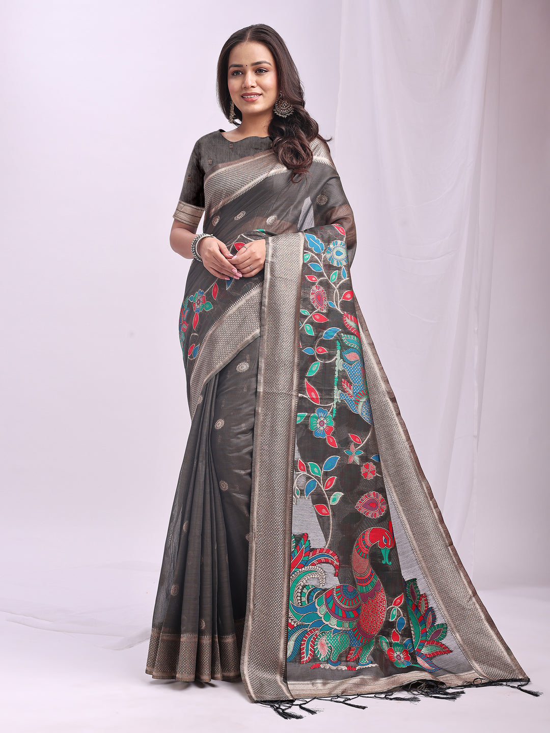 Woven Jacquard Designer Grey Linen Cotton Ceremonial Saree