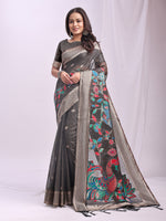 Woven Jacquard Designer Grey Linen Cotton Ceremonial Saree