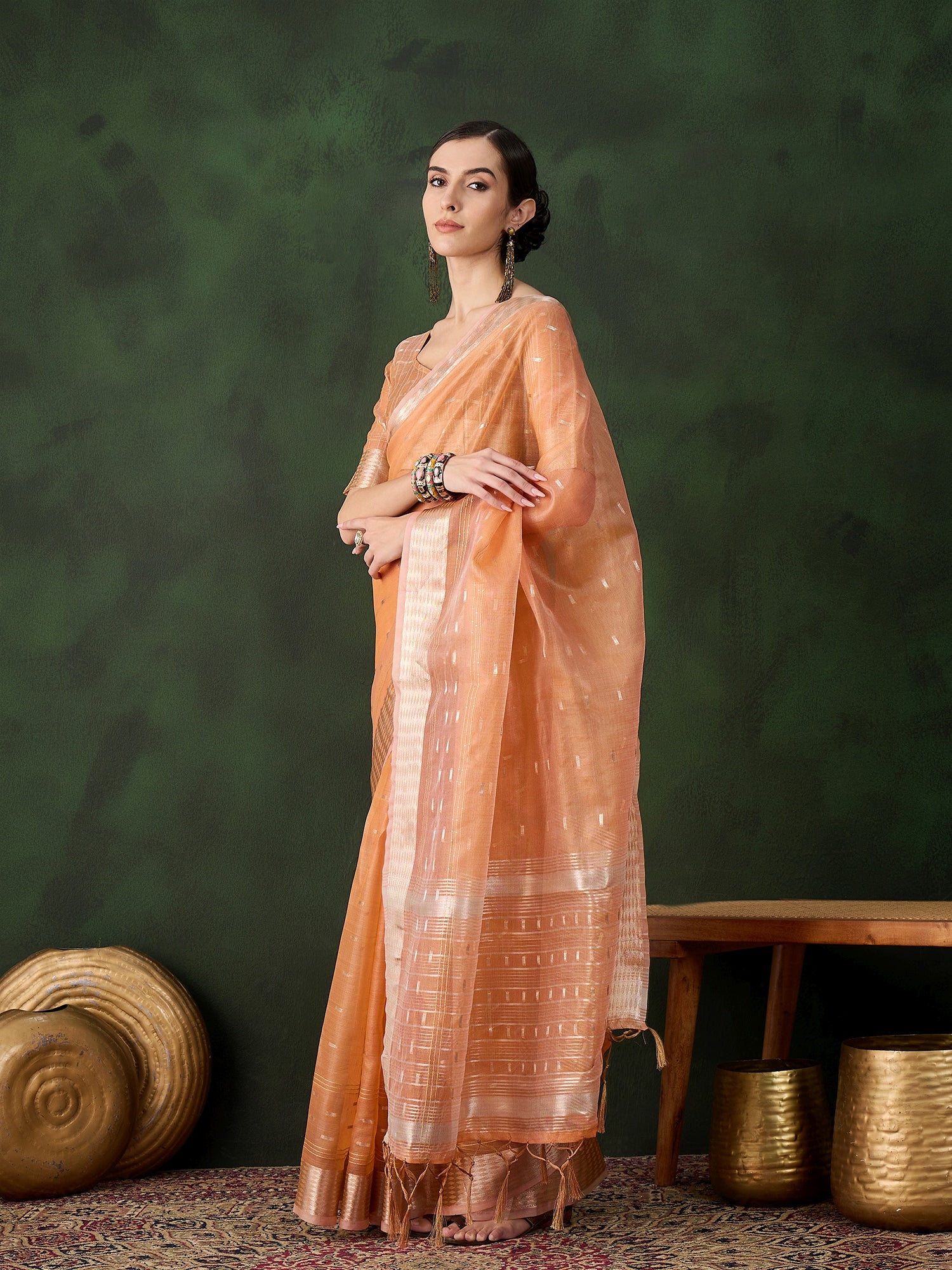 Woven Jacquard Designer Peach Khadi Organza Festive Saree