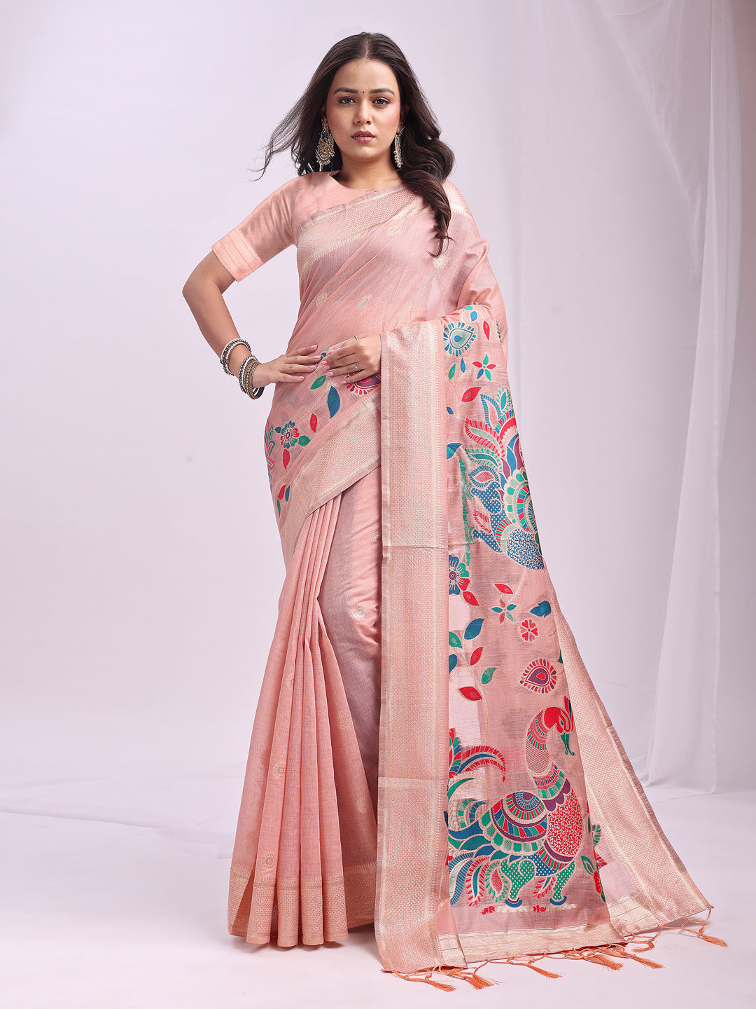Woven Jacquard Designer Peach Linen Cotton Ceremonial Saree