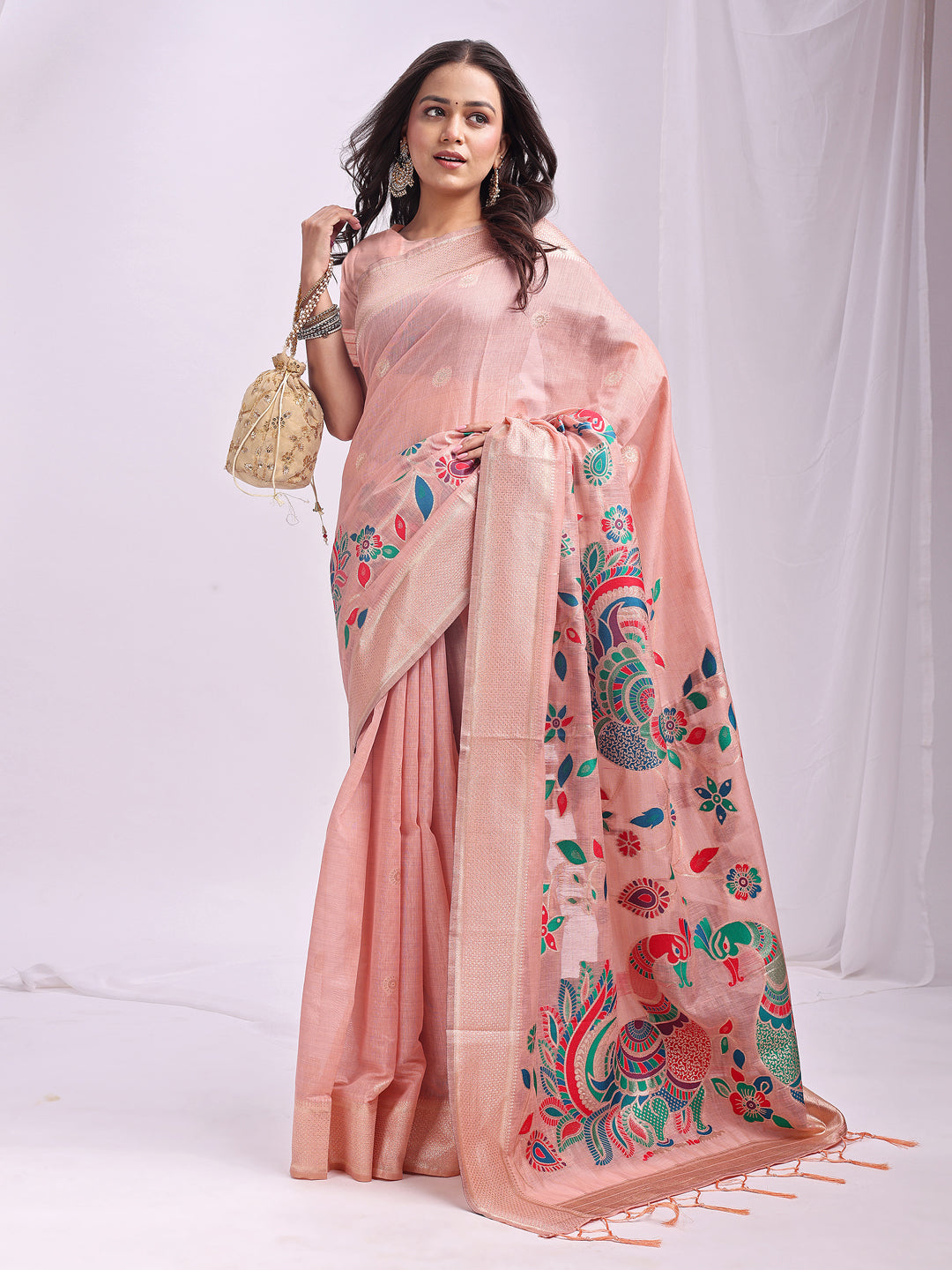 Woven Jacquard Designer Peach Linen Cotton Ceremonial Saree