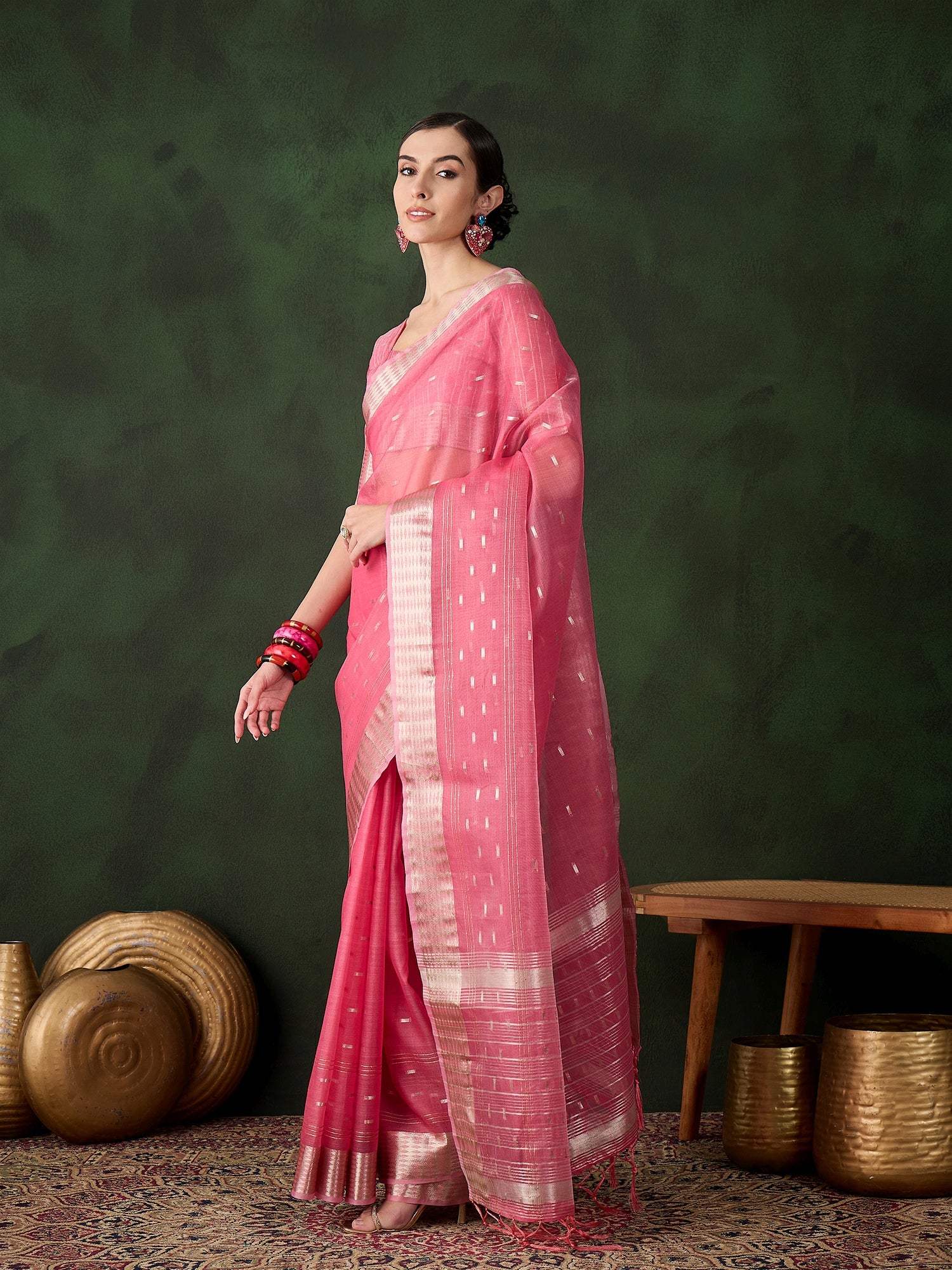 Woven Jacquard Designer Pink Khadi Organza Festive Saree