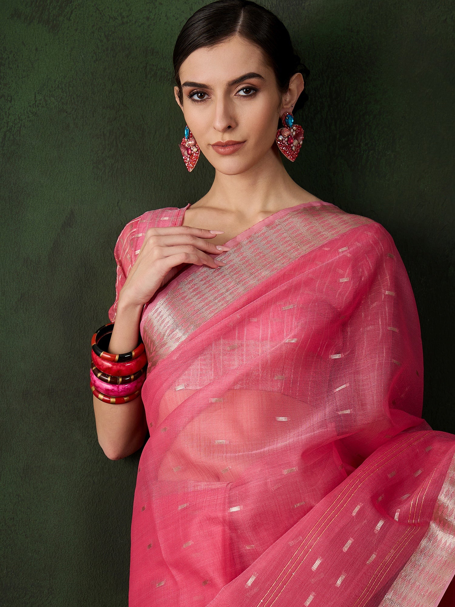 Woven Jacquard Designer Pink Khadi Organza Festive Saree