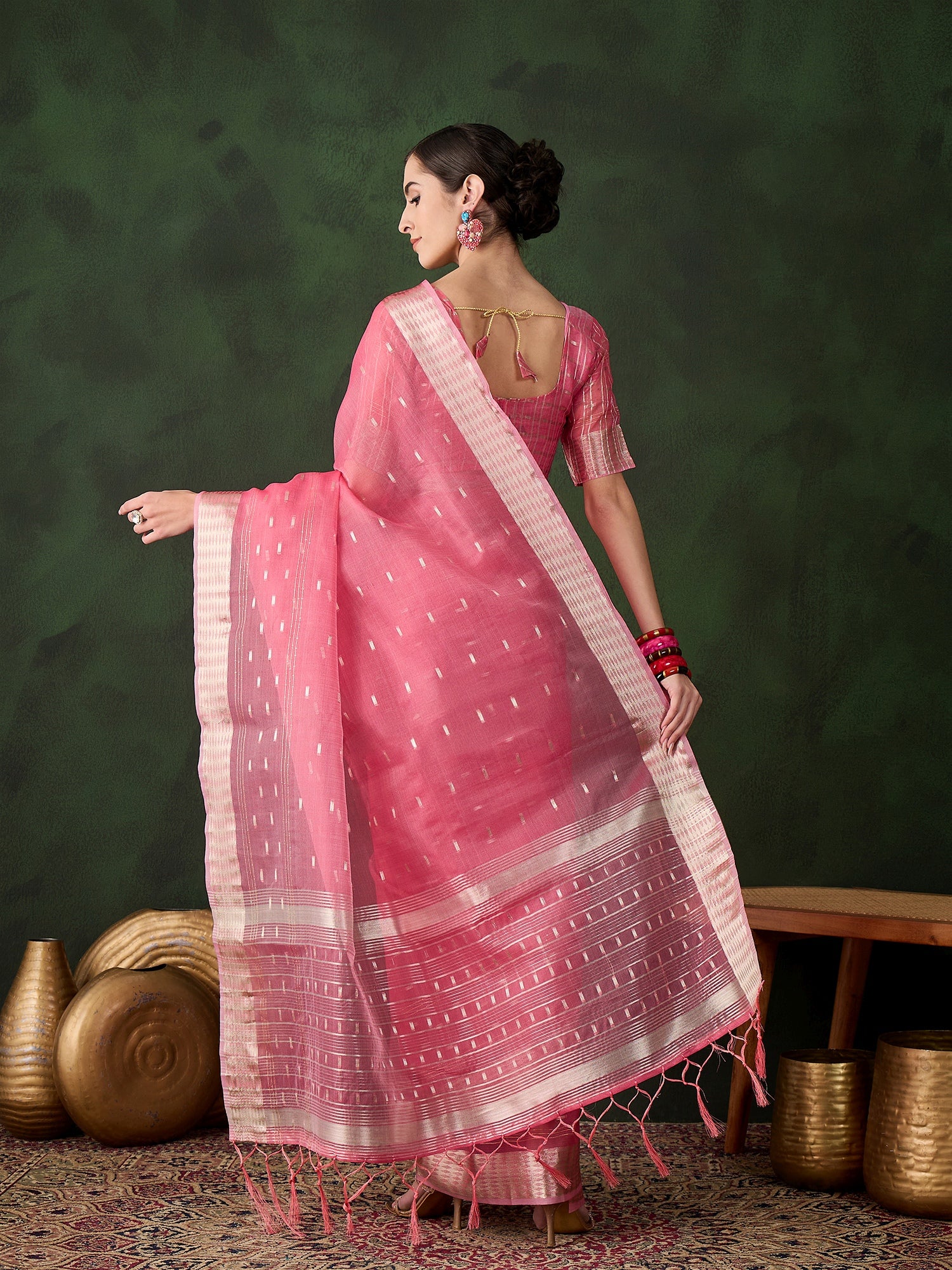 Woven Jacquard Designer Pink Khadi Organza Festive Saree