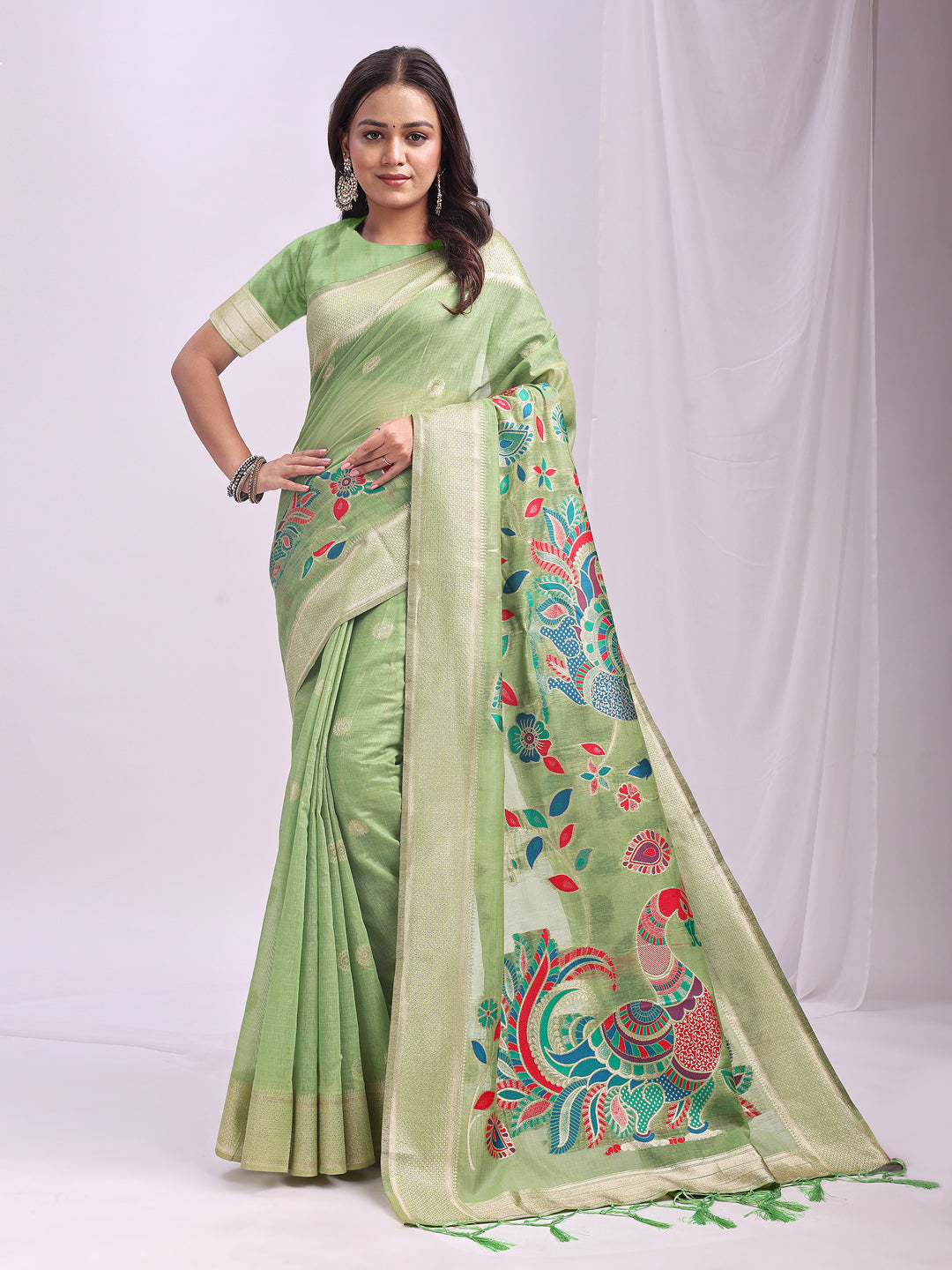 Woven Jacquard Designer Pista Linen Cotton Ceremonial Saree