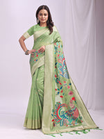 Woven Jacquard Designer Pista Linen Cotton Ceremonial Saree