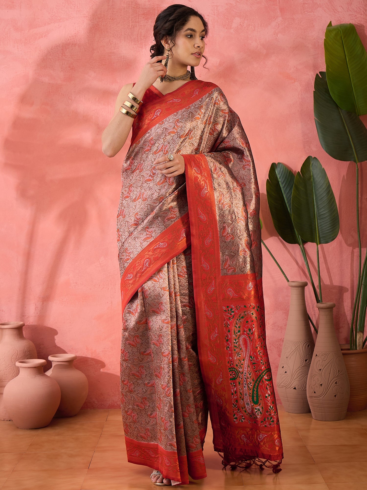 Woven Jacquard Designer Silk Blended Ethnic Partywear Ceremonial Brown Saree