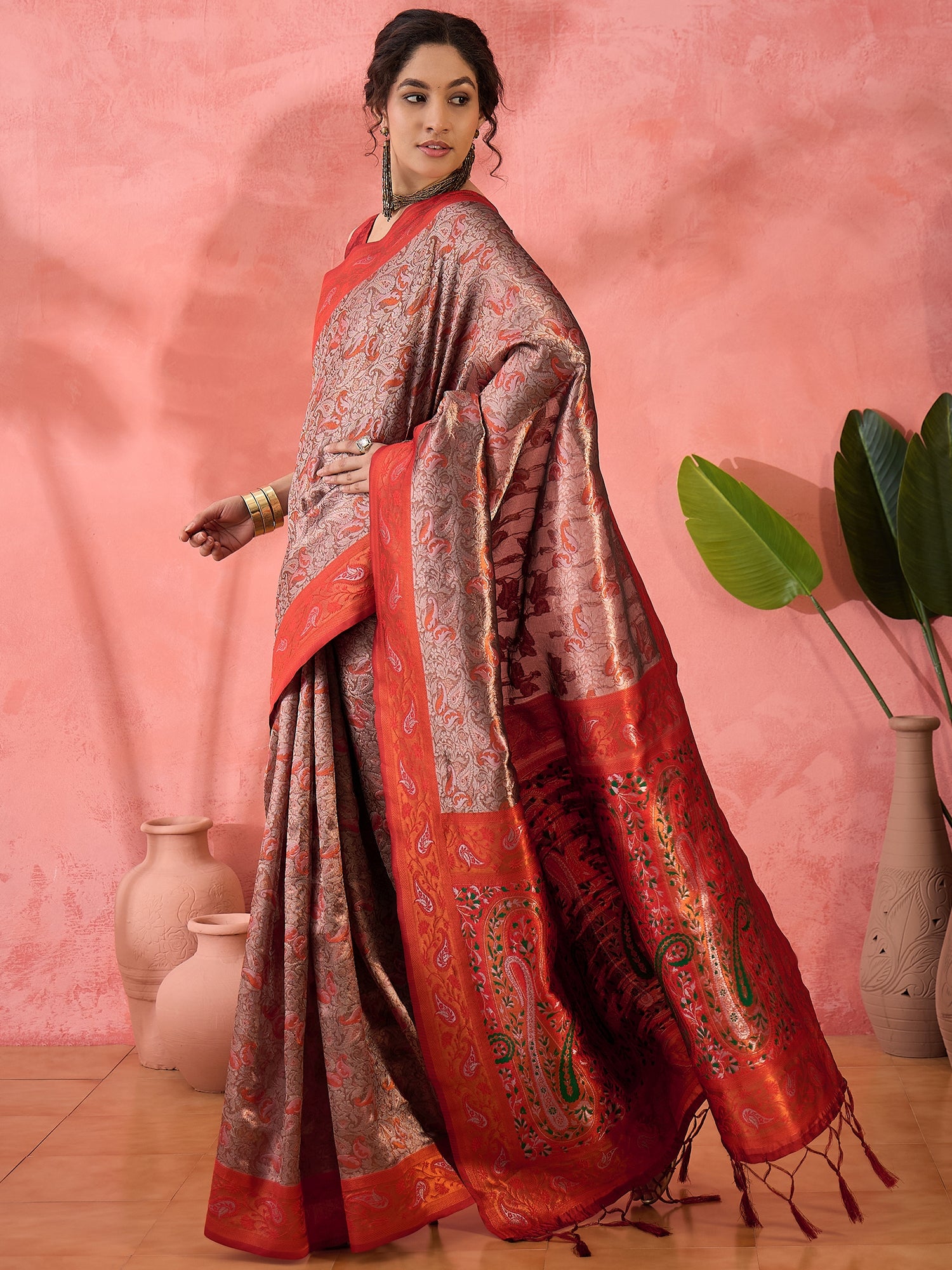 Woven Jacquard Designer Silk Blended Ethnic Partywear Ceremonial Brown Saree