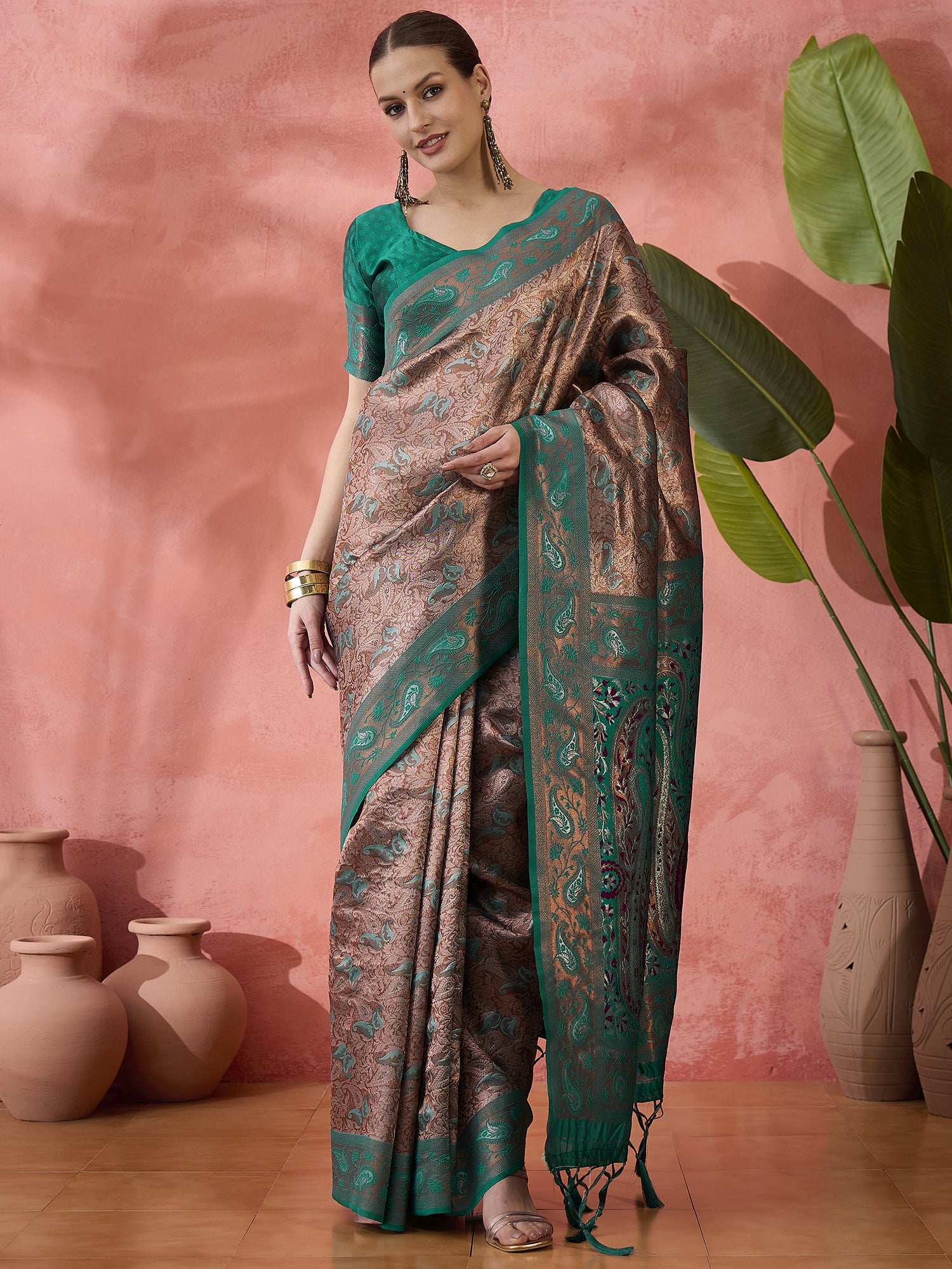 Woven Jacquard Designer Silk Blended Ethnic Partywear Ceremonial Rama Saree