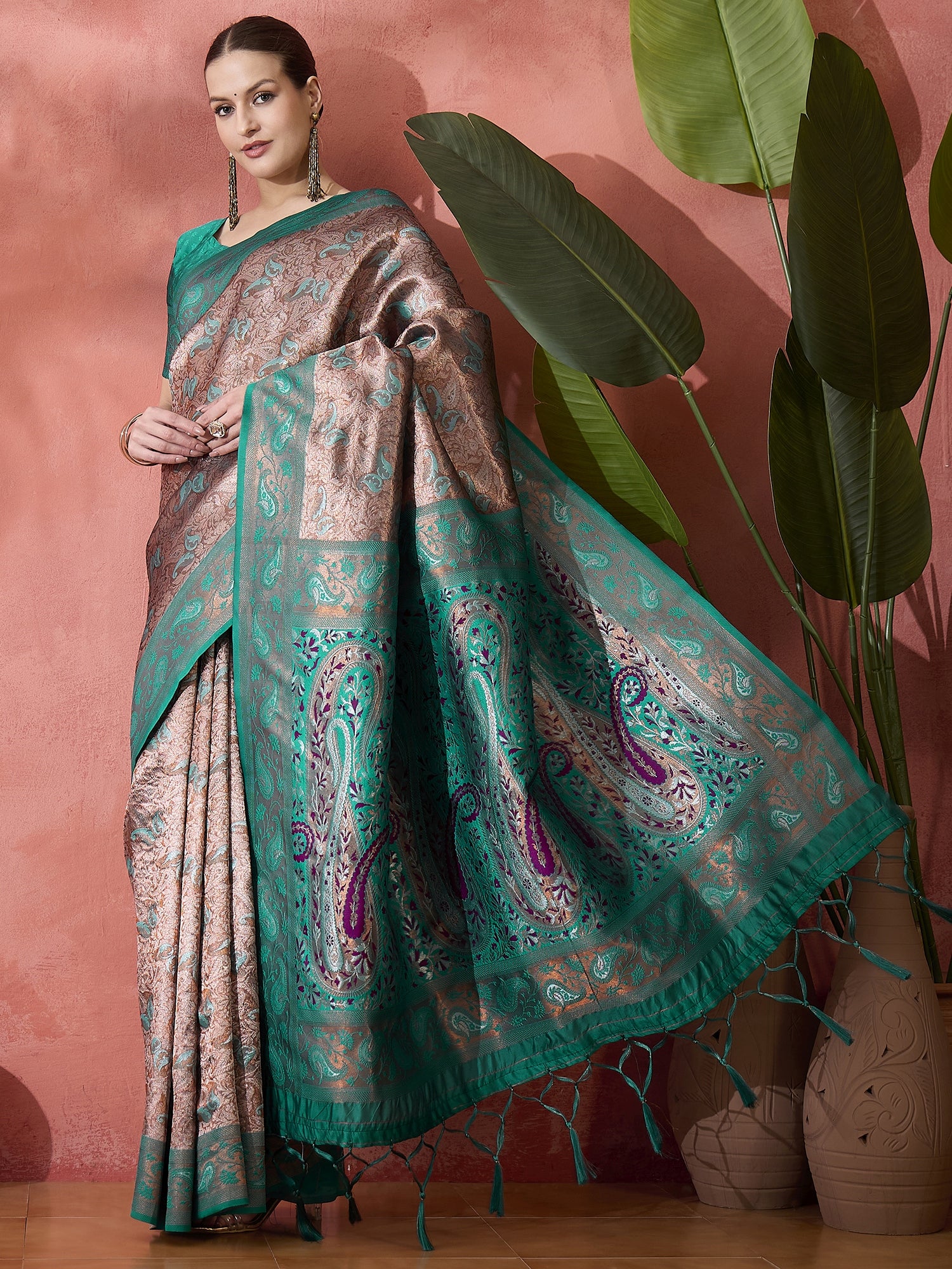 Woven Jacquard Designer Silk Blended Ethnic Partywear Ceremonial Rama Saree