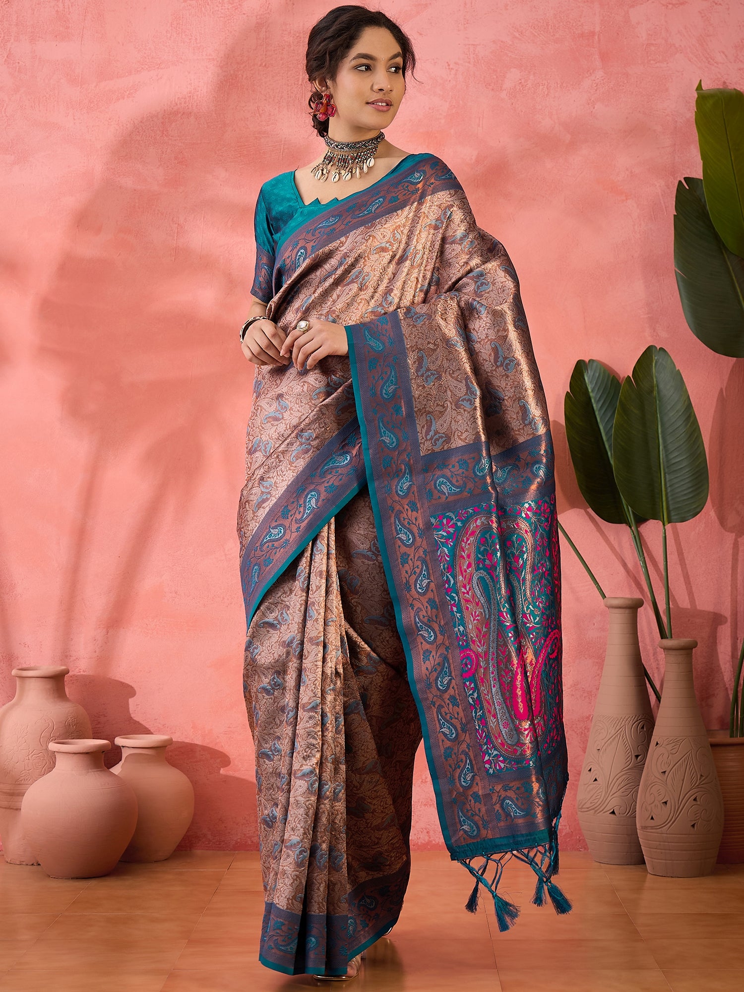 Woven Jacquard Designer Silk Blended Ethnic Partywear Ceremonial Teal Blue Saree