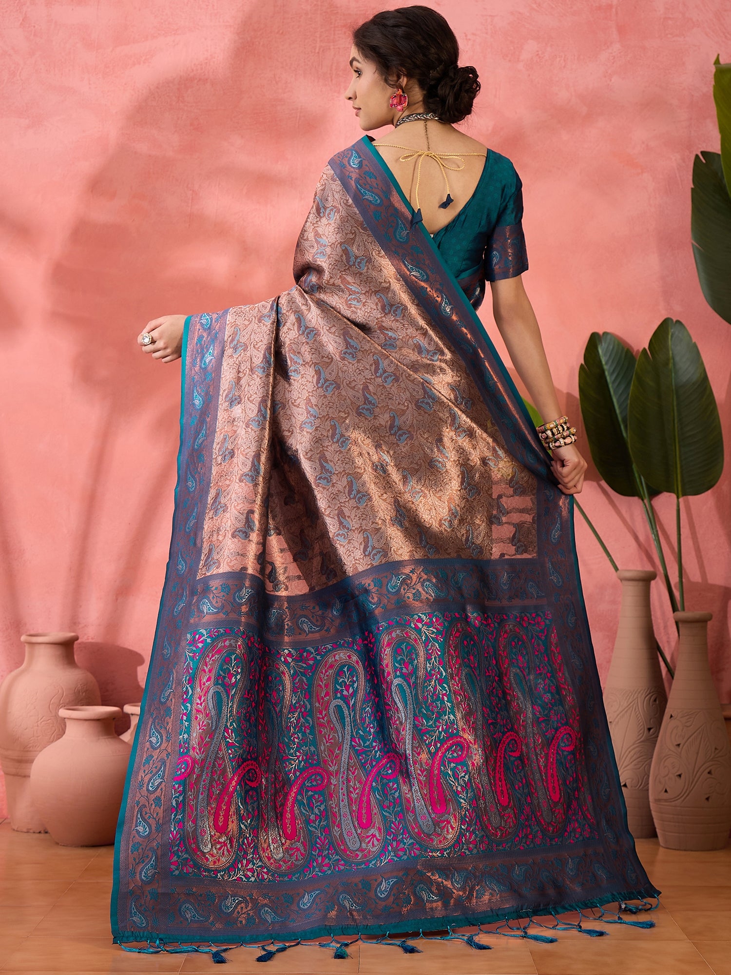 Woven Jacquard Designer Silk Blended Ethnic Partywear Ceremonial Teal Blue Saree
