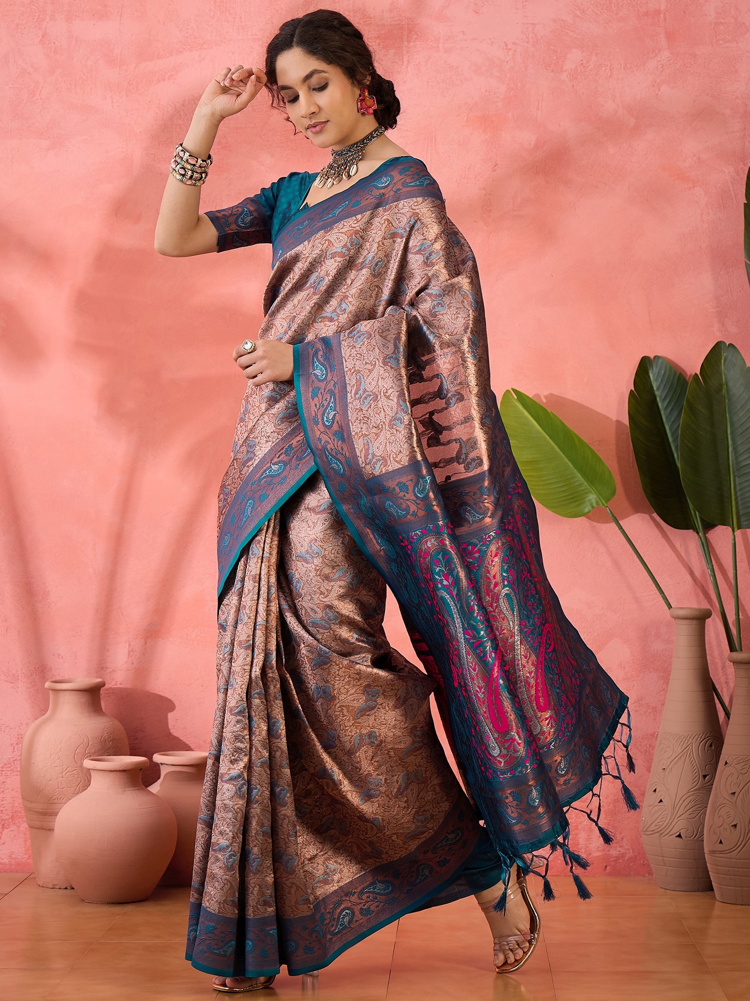 Woven Jacquard Designer Silk Blended Ethnic Partywear Ceremonial Teal Blue Saree