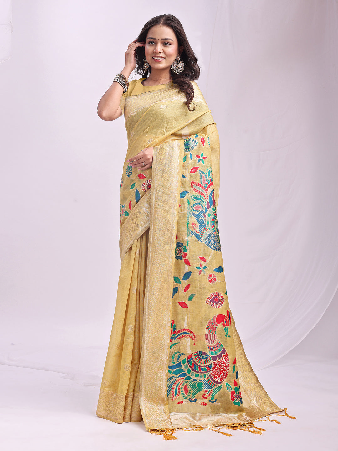 Woven Jacquard Designer Yelllow Linen Cotton Ceremonial Saree