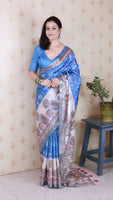 Woven Jari Border Designer Madhubani Digital Printed Blue Tussar Silk Saree