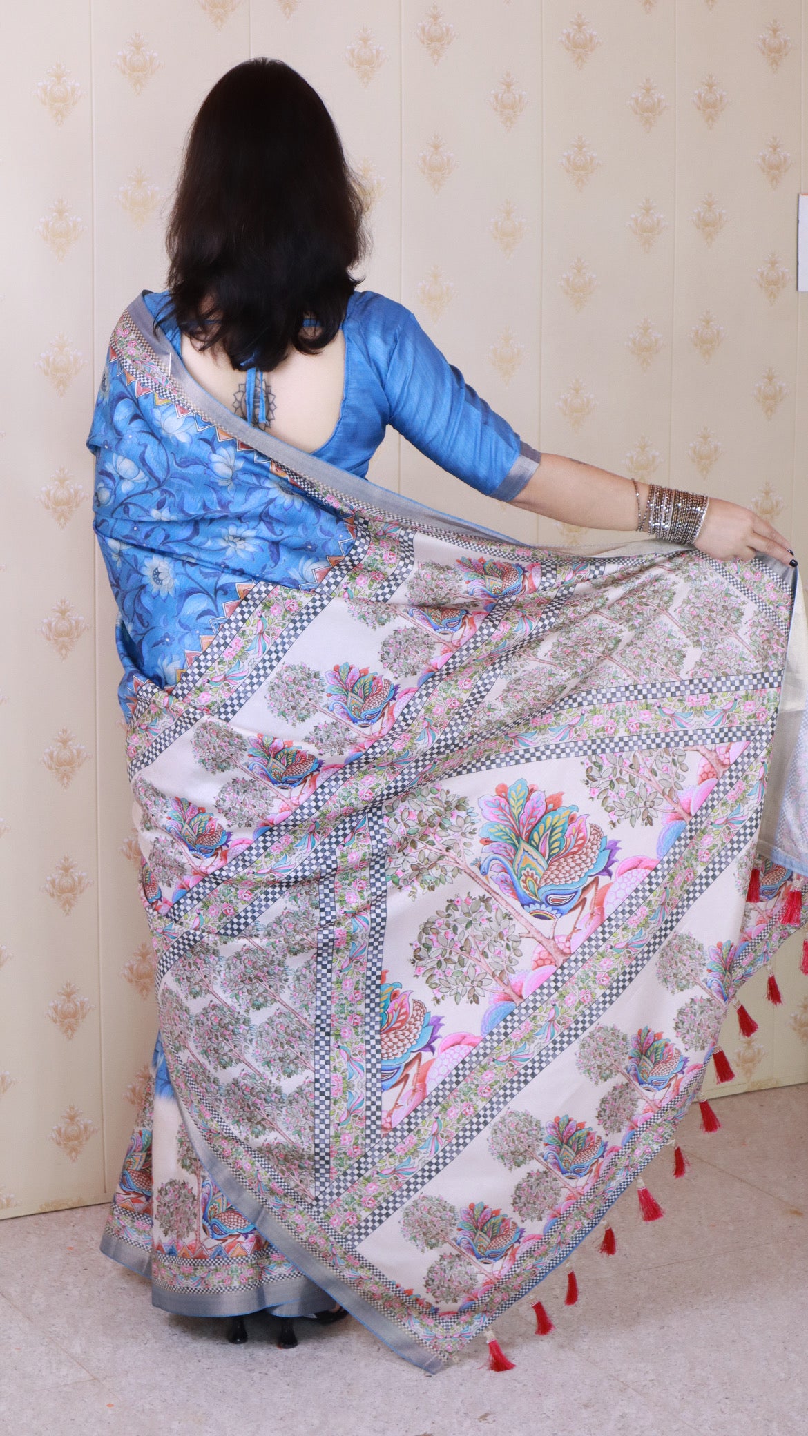 Woven Jari Border Designer Madhubani Digital Printed Blue Tussar Silk Saree