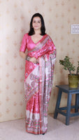 Woven Jari Border Designer Madhubani Digital Printed Pink Tussar Silk Saree