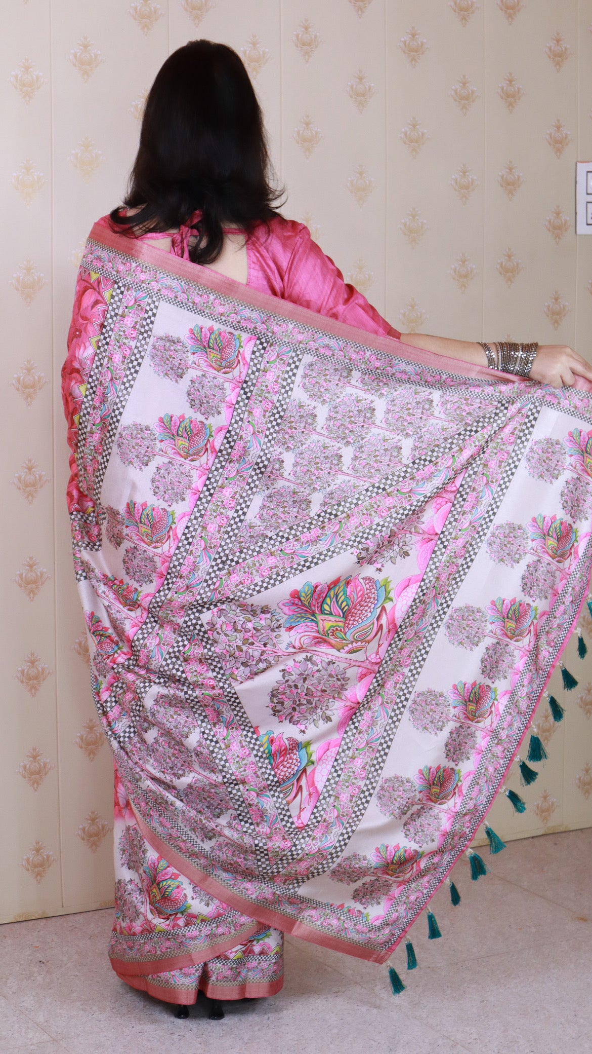 Woven Jari Border Designer Madhubani Digital Printed Pink Tussar Silk Saree