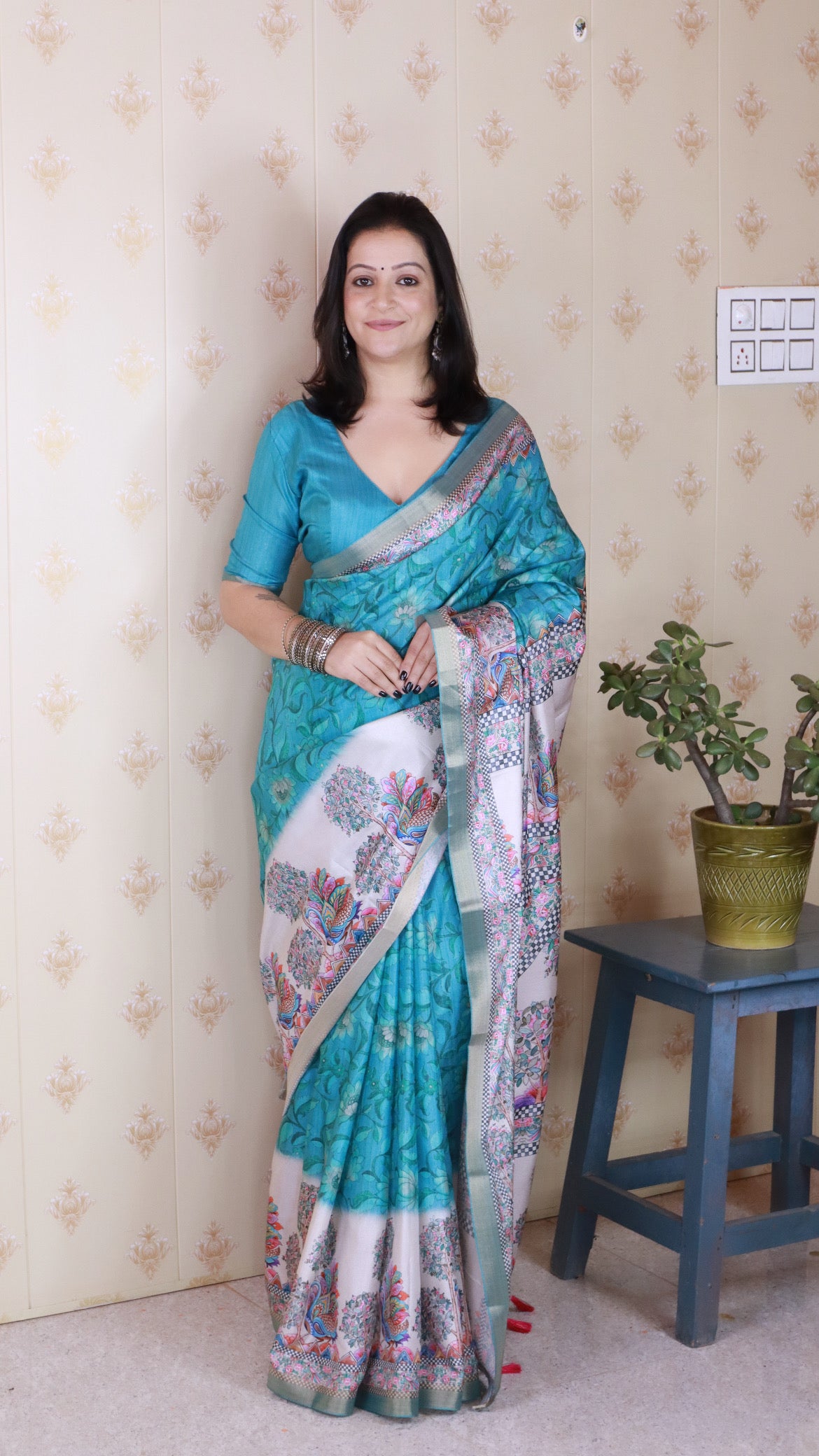 Woven Jari Border Designer Madhubani Digital Printed Sea Green Tussar Silk Saree