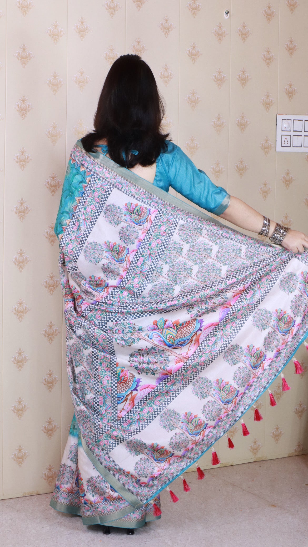 Woven Jari Border Designer Madhubani Digital Printed Sea Green Tussar Silk Saree