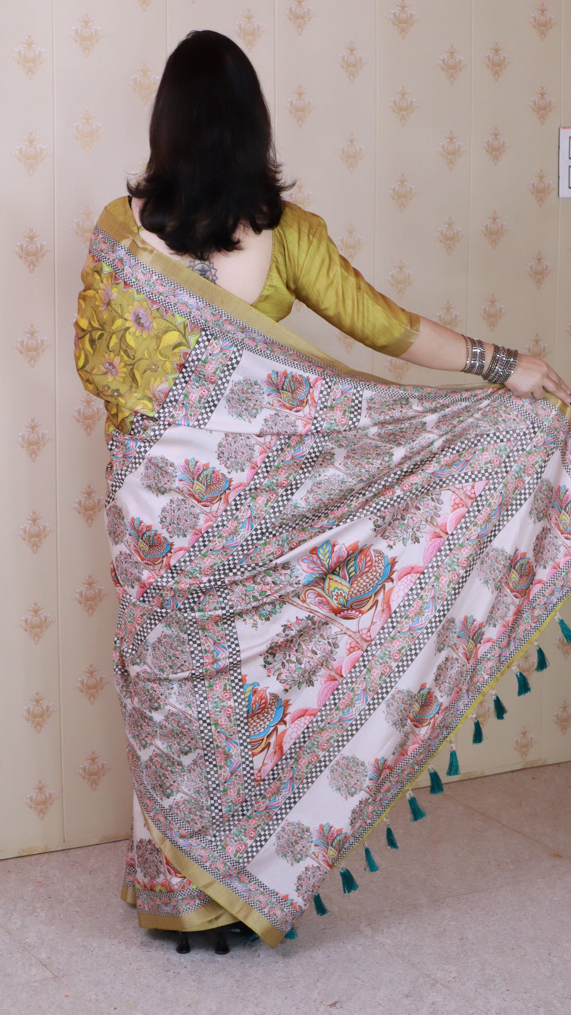 Woven Jari Border Designer Madhubani Digital Printed Yellow Tussar Silk Saree
