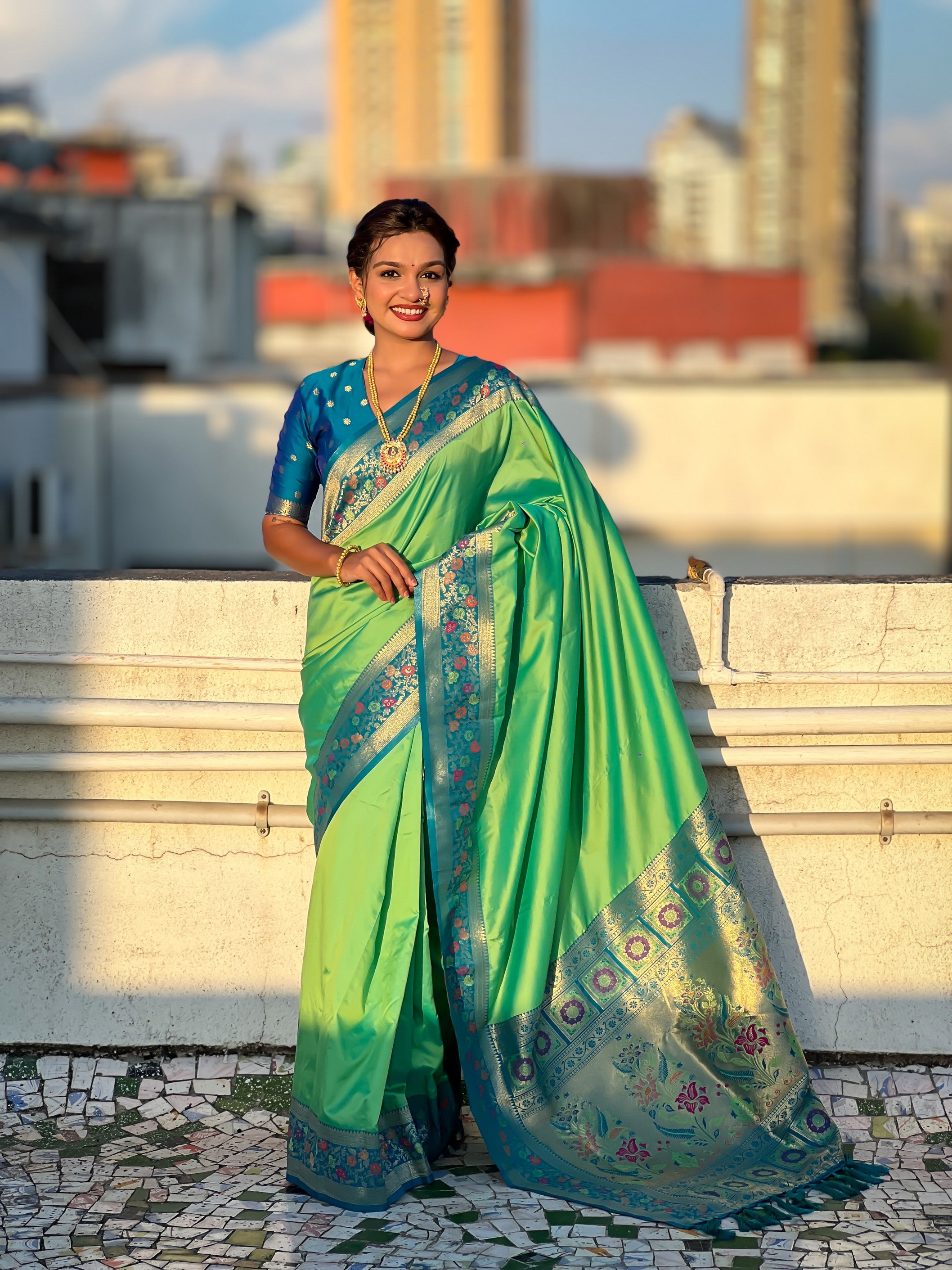 Woven Kadiyal Paithani Gala Designer Olive Soft Silk Ethnic Saree