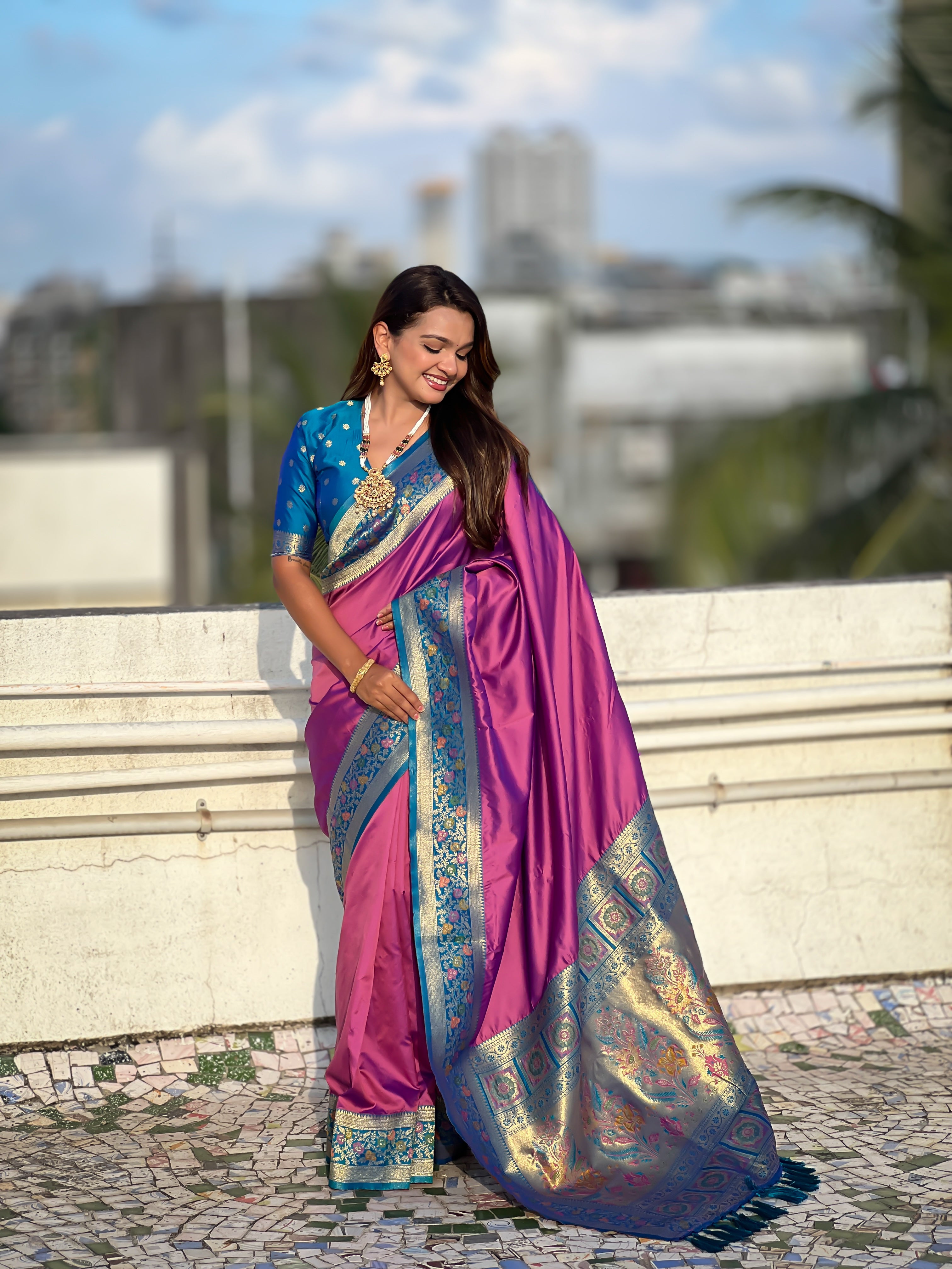 Woven Kadiyal Paithani Gala Designer Purple Soft Silk Ethnic Saree