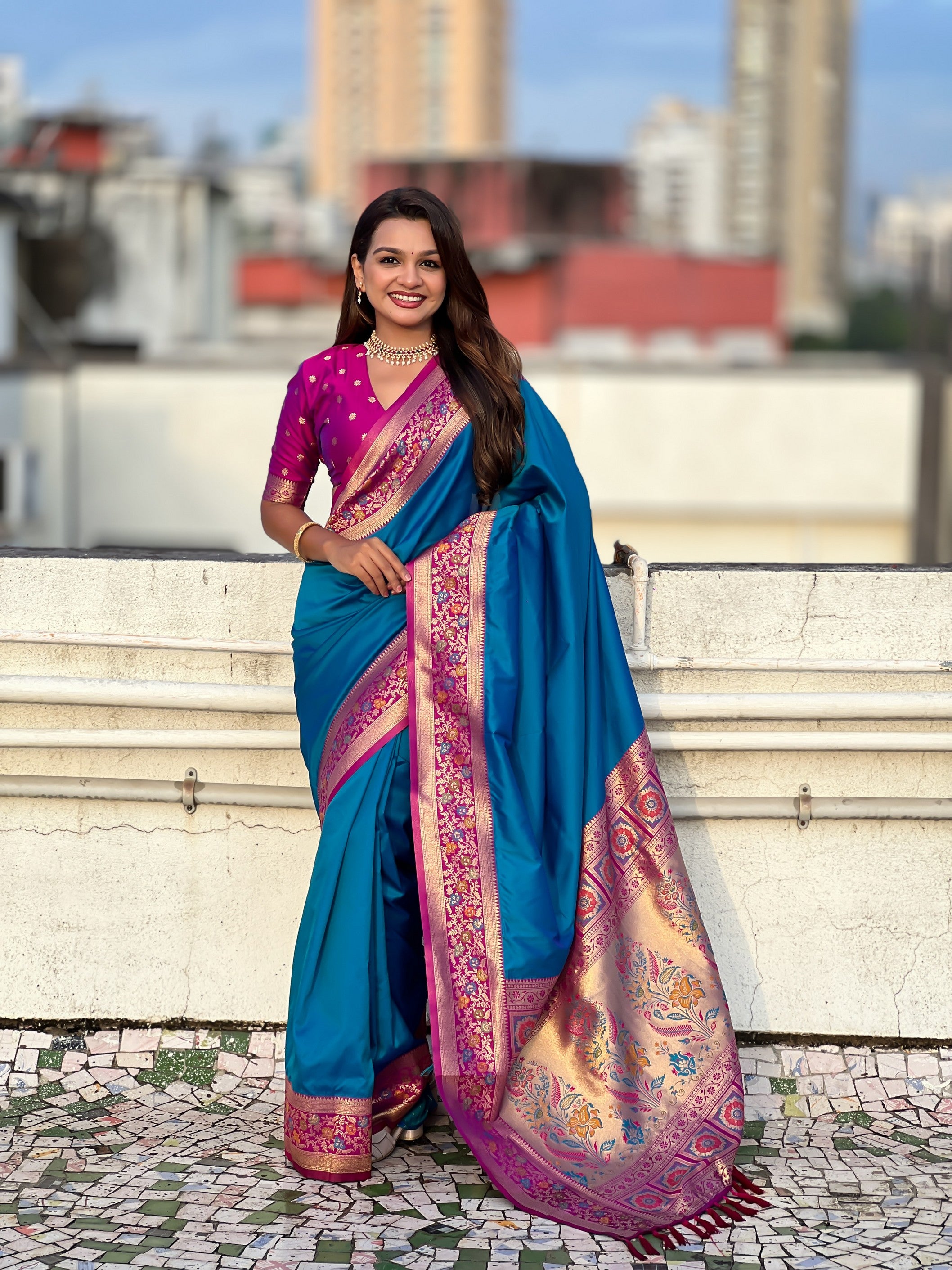 Woven Kadiyal Paithani Gala Designer Teal Blue Soft Silk Ethnic Saree