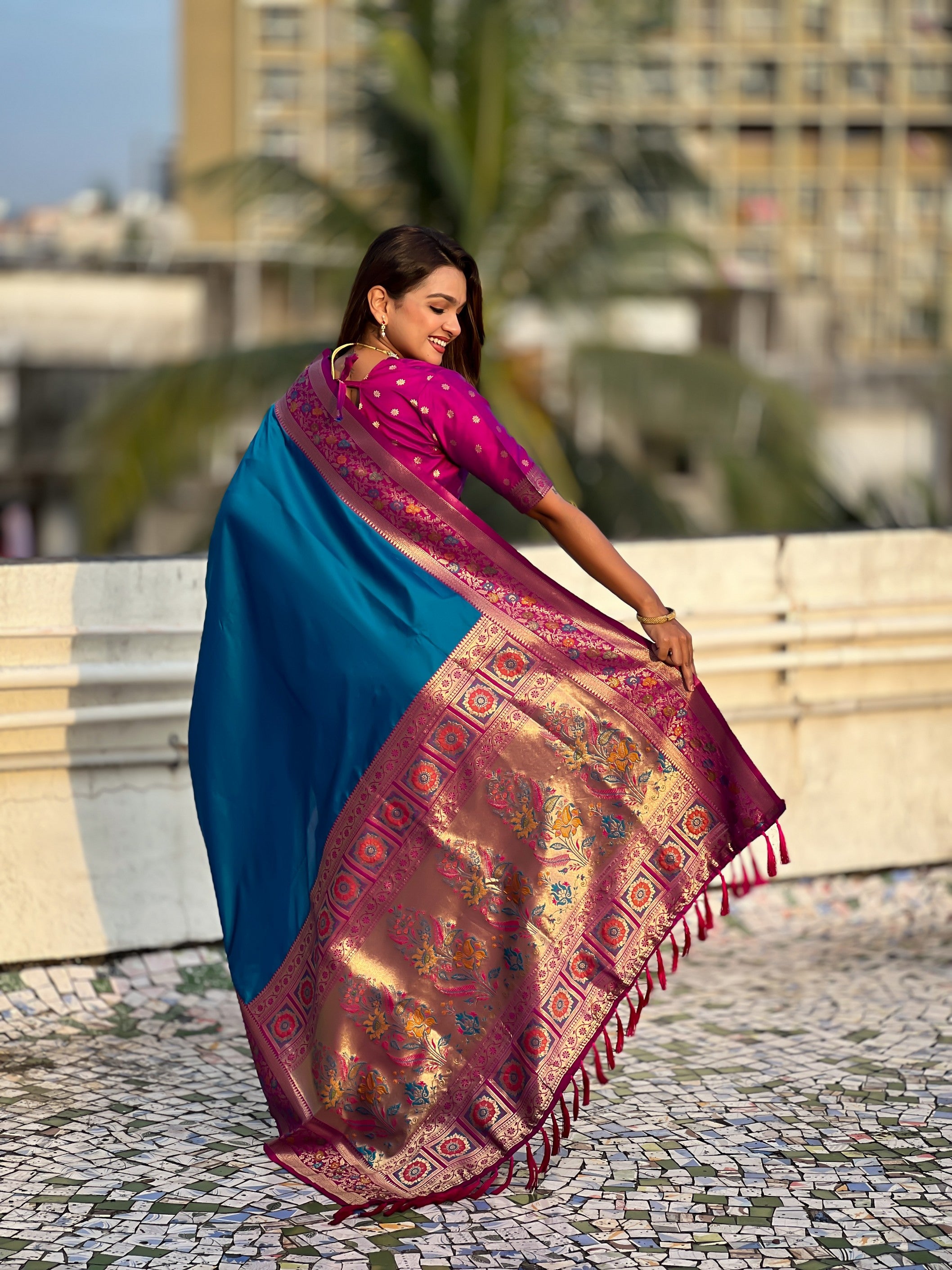 Woven Kadiyal Paithani Gala Designer Teal Blue Soft Silk Ethnic Saree