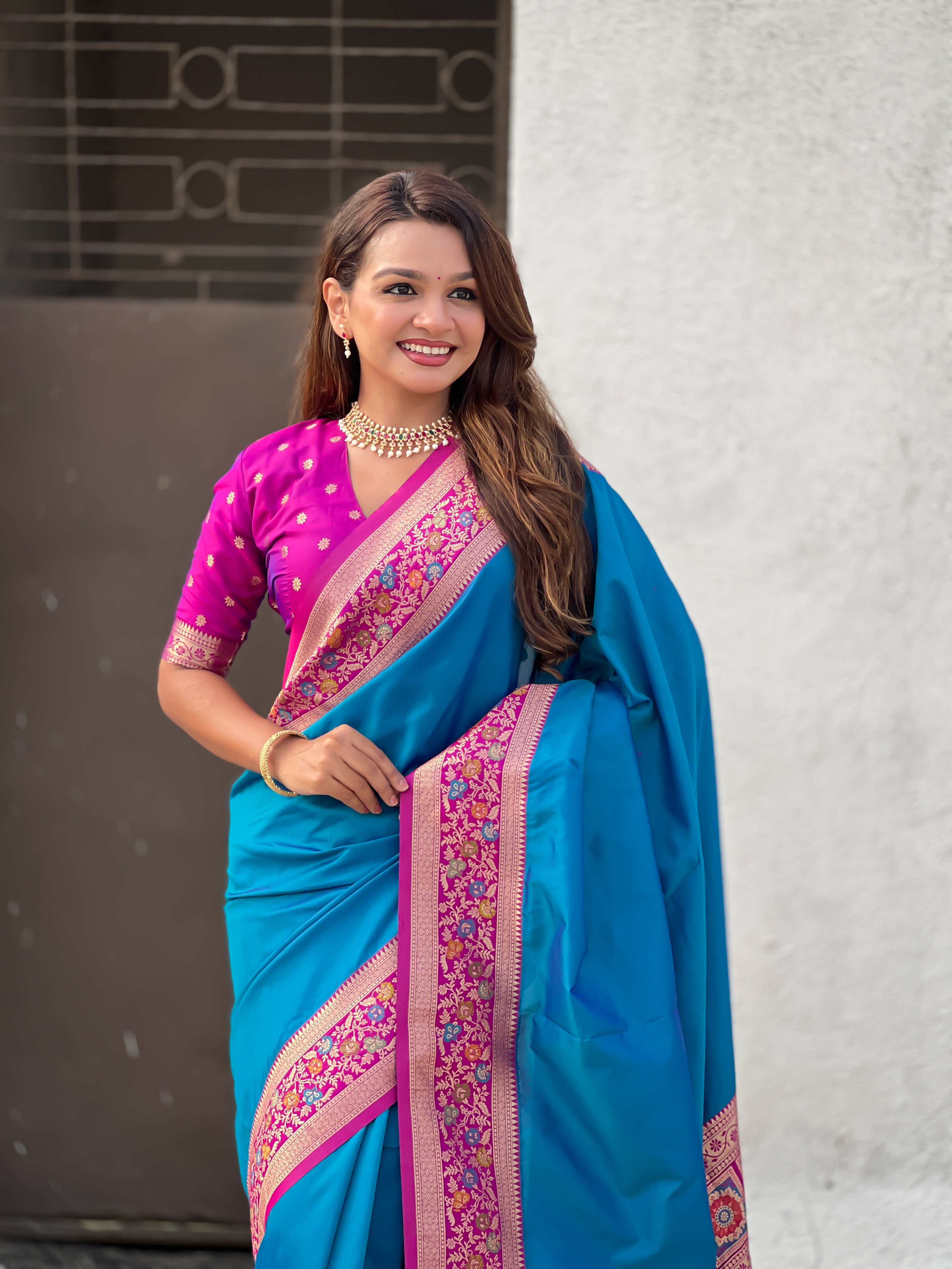 Woven Kadiyal Paithani Gala Designer Teal Blue Soft Silk Ethnic Saree