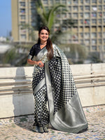 Woven Silver Jari Checks Designer Banarasi Silk Black Beautiful Saree
