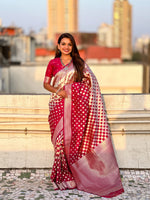 Woven Silver Jari Checks Designer Banarasi Silk Cherry Beautiful Saree