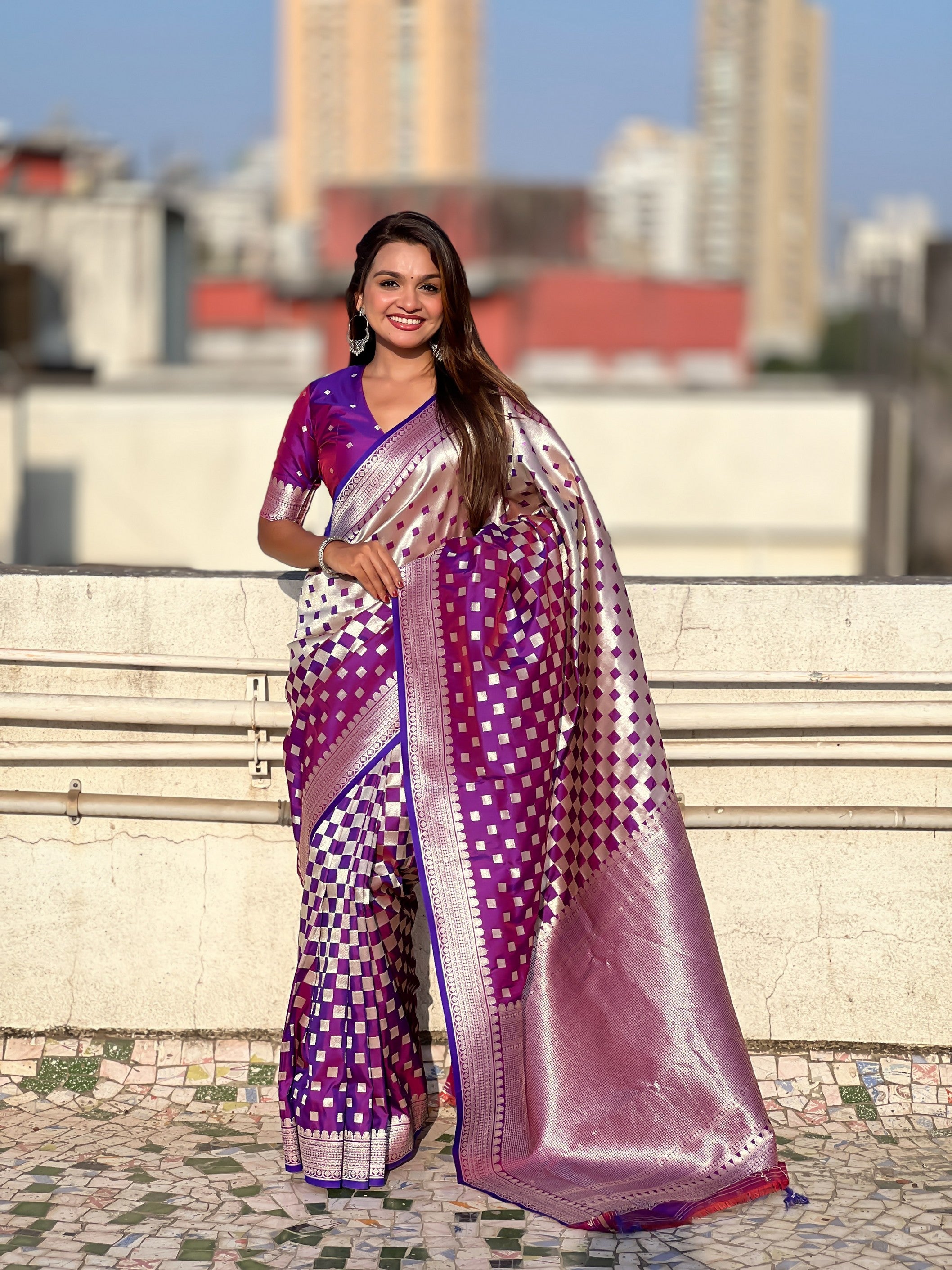 Woven Silver Jari Checks Designer Banarasi Silk Purple Beautiful Saree