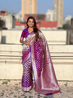 Woven Silver Jari Checks Designer Banarasi Silk Purple Beautiful Saree