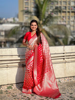 Woven Silver Jari Checks Designer Banarasi Silk Red Beautiful Saree