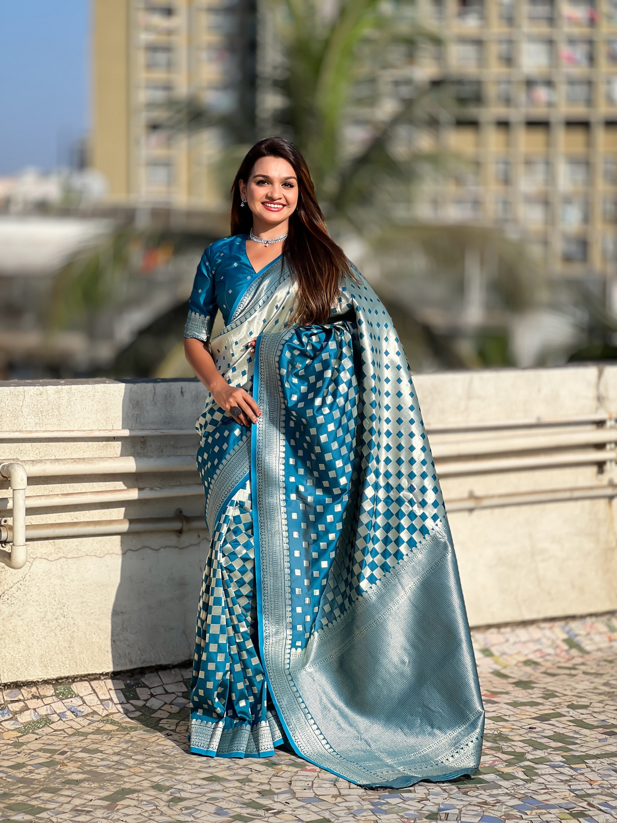Woven Silver Jari Checks Designer Banarasi Silk Teal Blue Beautiful Saree