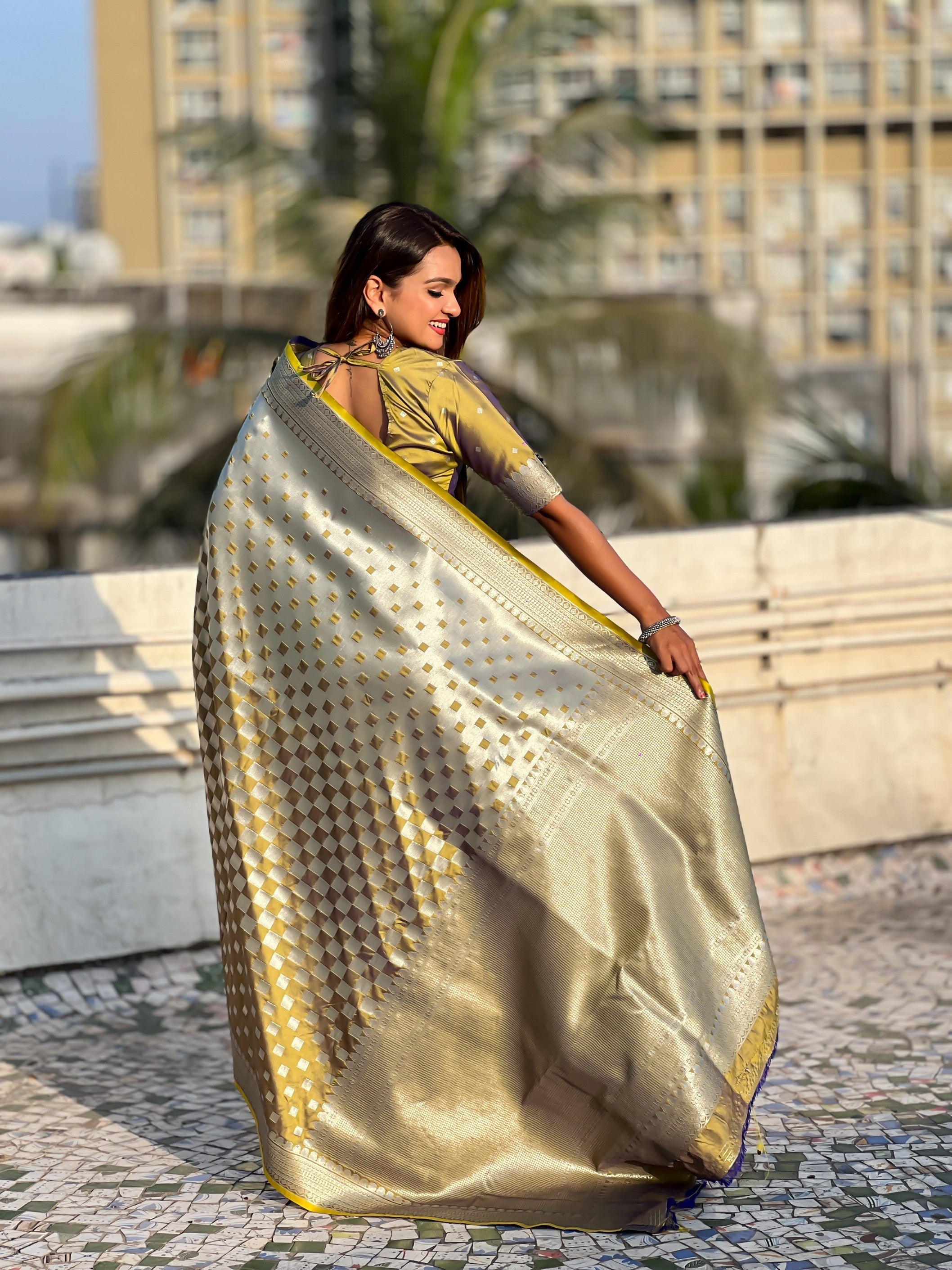 Woven Silver Jari Checks Designer Banarasi Silk Yellow Beautiful Saree