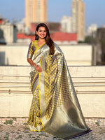 Woven Silver Jari Checks Designer Banarasi Silk Yellow Beautiful Saree