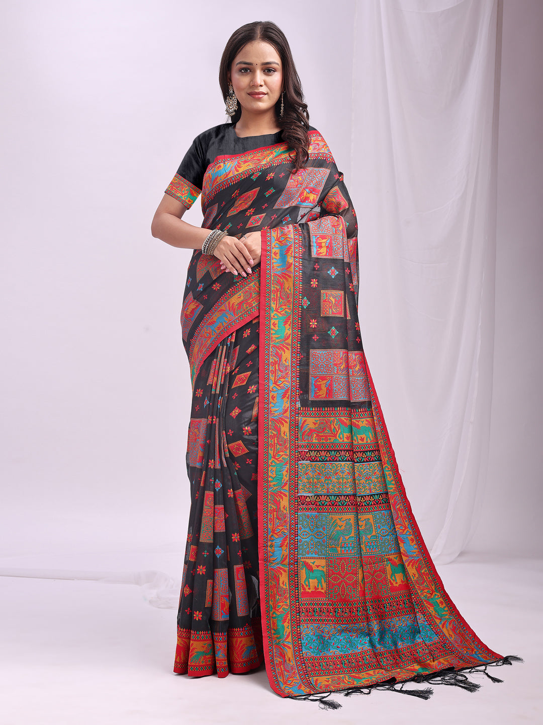 Woven Thread Designer Black Linen Cotton Traditional Rich Looks Saree