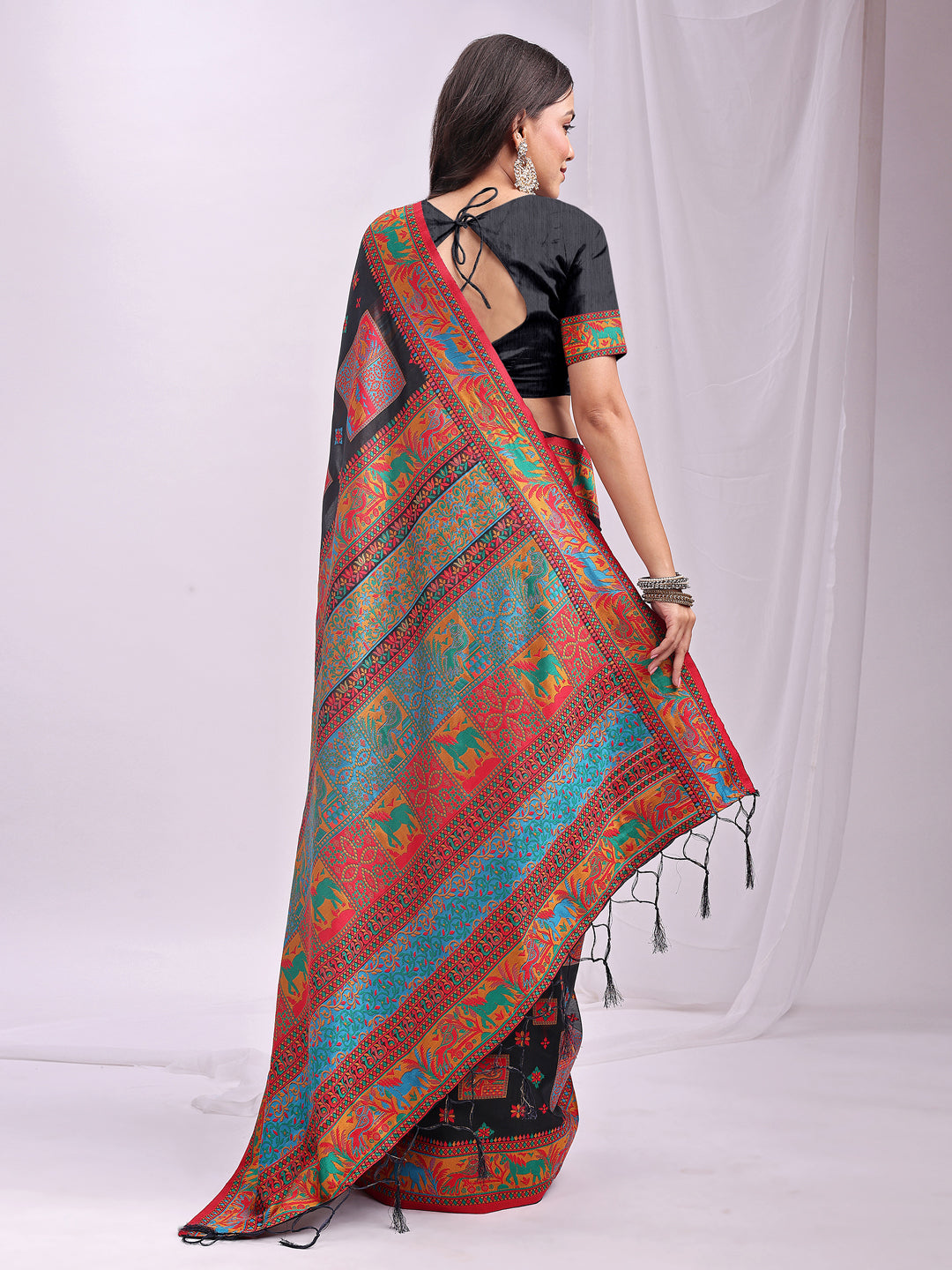 Woven Thread Designer Black Linen Cotton Traditional Rich Looks Saree