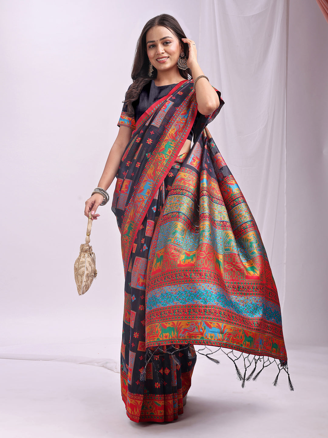 Woven Thread Designer Navy Blue Linen Cotton Traditional Rich Looks Saree